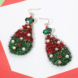 Stone Cluster Pearl Embellished Christmas Tinsel Teardrop Dangle Earrings