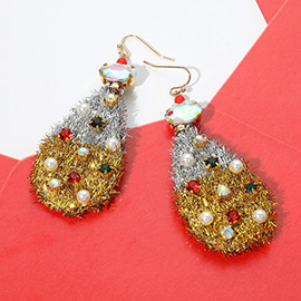 Stone Cluster Pearl Embellished Christmas Tinsel Teardrop Dangle Earrings