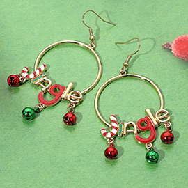 Enamel Candy Cane JINGLE Message Christmas Bell Embellished Hoop Dangle Earrings