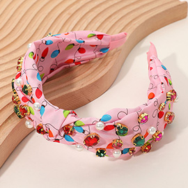Christmas Light Printed Pearl Stone Cluster Embellished Knot Headband