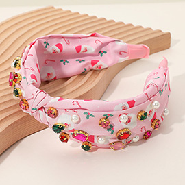 Christmas Santa Printed Pearl Stone Cluster Embellished Knot Headband