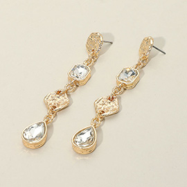 Teardrop Octagon Stone Accented Textured Metal Drop Earrings