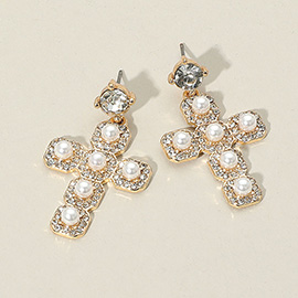 Pearl Cross Dangle Earrings