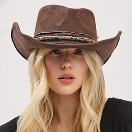 Vintage Feather Distressed Fabric Band Rustic Cowgirl Western Fedora Hat