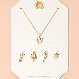 Metal Tropical Leaf Pineapple Palm Tree CZ Stone Charm Pendant Necklace