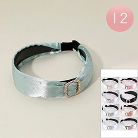 12PCS - Rhinestone Paved Buckle Accent Satin Headbands