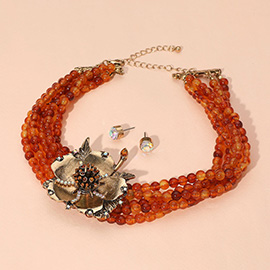 Bold Stone Embellished Flower Accent Beaded Strand Choker Necklace
