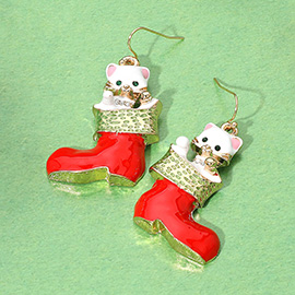 Enamel Christmas Socks Cat Dangle Earrings