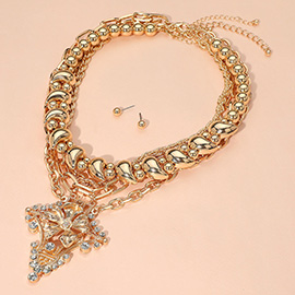 3PCS - Bold Rhinestone Embellished Flower Pendant Chunky Chain Layered Necklaces