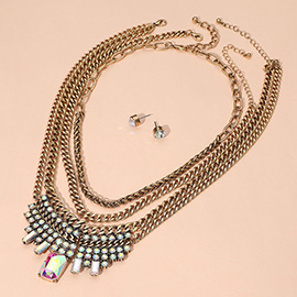 3PCS - Crystal Stone Cluster Embellished Plate Accent Chunky Chain Layered Necklaces
