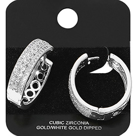 White Gold Dipped Triple Row CZ Stone Paved Hoop Earrings