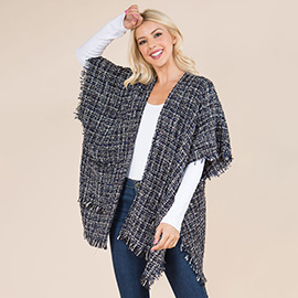 Trayed Trim Open Front Tweed Poncho Cardigan