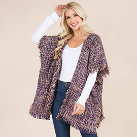 Trayed Trim Open Front Tweed Poncho Cardigan