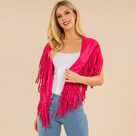 Faux Suede Open Front Western Tassel Shawl Poncho