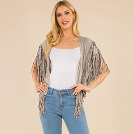 Faux Suede Open Front Western Tassel Shawl Poncho