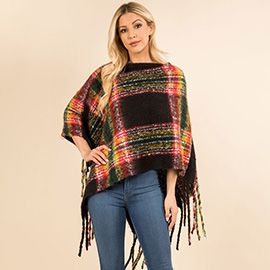 Plaid Fringe Hem Poncho