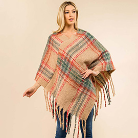 Plaid Fringe Hem Poncho