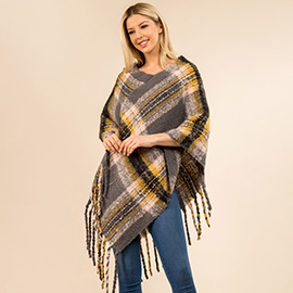 Plaid Fringe Hem Poncho