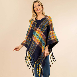 Plaid Fringe Hem Poncho