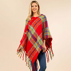 Plaid Fringe Hem Poncho