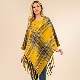 Plaid Fringe Hem Poncho