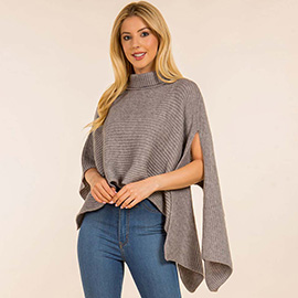 Mock Neck Ribbed Knit Asymmetrical Cape Poncho