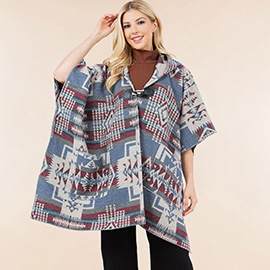 Tribal Pattern Toggle Closure Hooded Poncho
