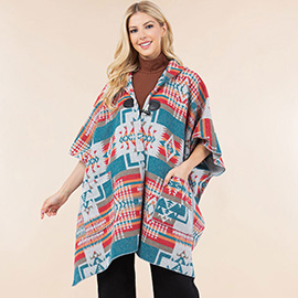 Tribal Pattern Toggle Closure Hooded Poncho