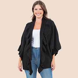 Solid Ruffle Accent Kimono Poncho