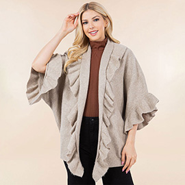 Solid Ruffle Accent Kimono Poncho