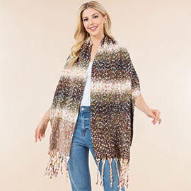 Oversized Cozy Fringed Hem Textured Woven Color Block Scarf