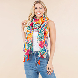 Lightweight Vibrant Tropical Leaf Floral Tassel Scarf