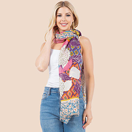 Lightweight Vibrant Tropical Leaf Floral Tassel Scarf
