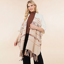 Striped Fringe Open Front Poncho Cardigan