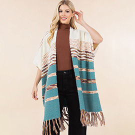 Striped Fringe Open Front Poncho Cardigan
