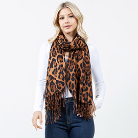 Leopard Print Tassel Trim Shawl Scarf