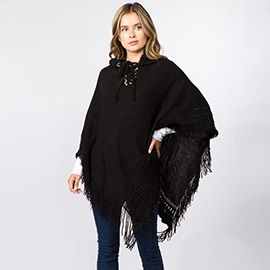 Fringe Hem Lace Up Hooded Knit Poncho
