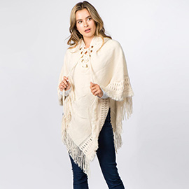 Fringe Hem Lace Up Hooded Knit Poncho