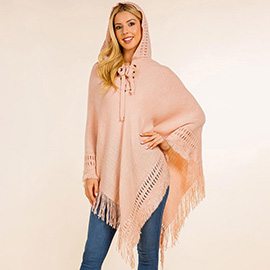Fringe Hem Lace Up Hooded Knit Poncho