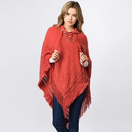 Fringe Hem Lace Up Hooded Knit Poncho