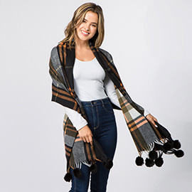 Faux Fur Pom Pom Tassel Plaid Scarf