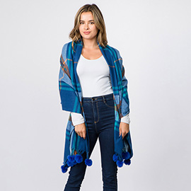 Faux Fur Pom Pom Tassel Plaid Scarf