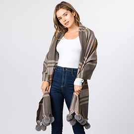 Faux Fur Pom Pom Tassel Plaid Scarf