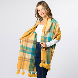 Faux Fur Pom Pom Tassel Plaid Scarf