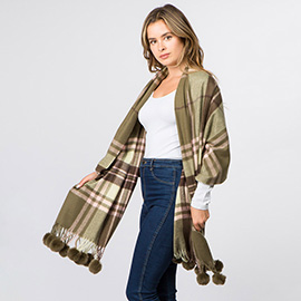 Faux Fur Pom Pom Tassel Plaid Scarf