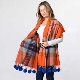 Faux Fur Pom Pom Tassel Plaid Scarf