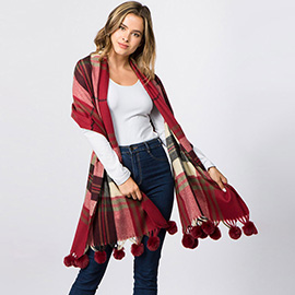 Faux Fur Pom Pom Tassel Plaid Scarf