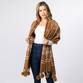 Faux Fur Pom Pom Tassel Plaid Scarf