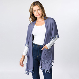 Lightweight Tassel Trim Open Front Kimono Cardigan