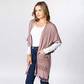 Lightweight Tassel Trim Open Front Kimono Cardigan